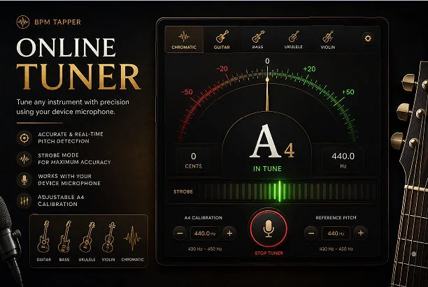 Free online tuner with microphone for guitar, piano, violin, and bass tuning
